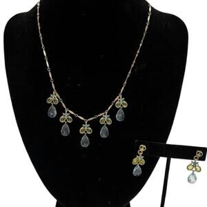 Light Blue Green Teardrop Crystal Necklace Earring Gold Tone Set 2028 Brand